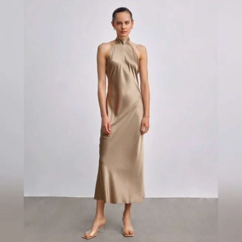 SILK MAISON Silk Champagne French Bow Halter Maxi Dress Size Large NEW